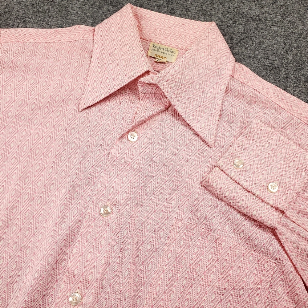 Vintage 70s Enro Shirt Mens 16 34 Pink Diamond Disco Button Up Dagger Collars